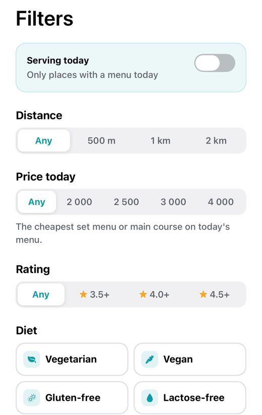 Filters: serving today, distance, price today, rating and diet