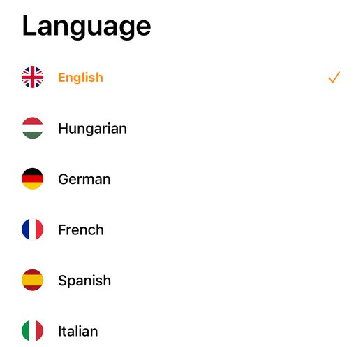 Language settings: English, Hungarian, German, French, Spanish, Italian