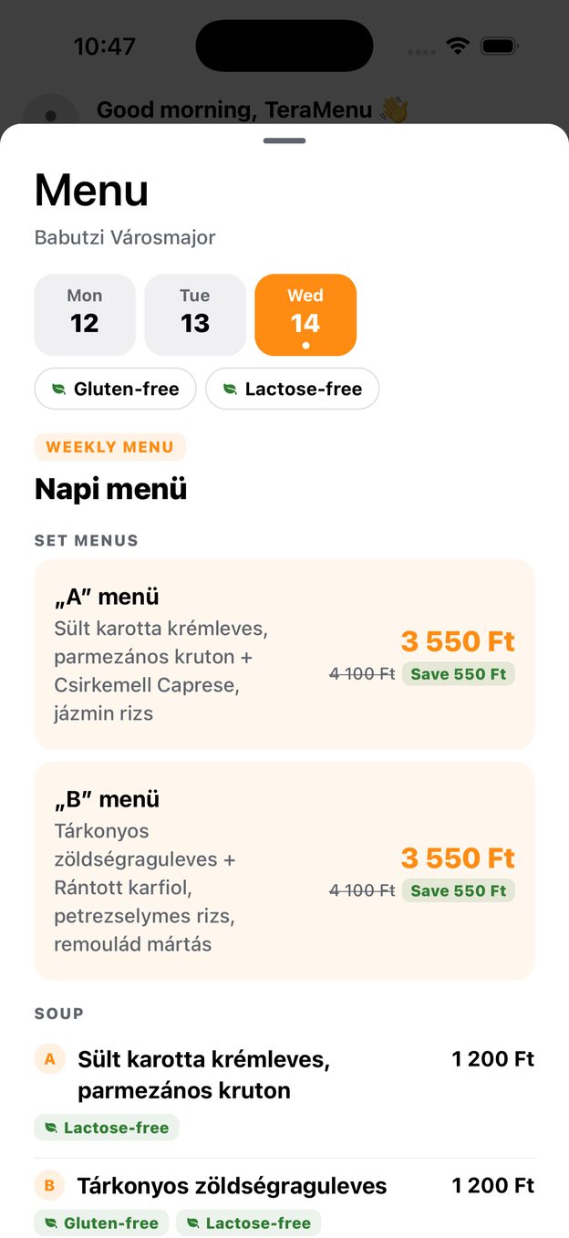 Weekly menu with prices in forints