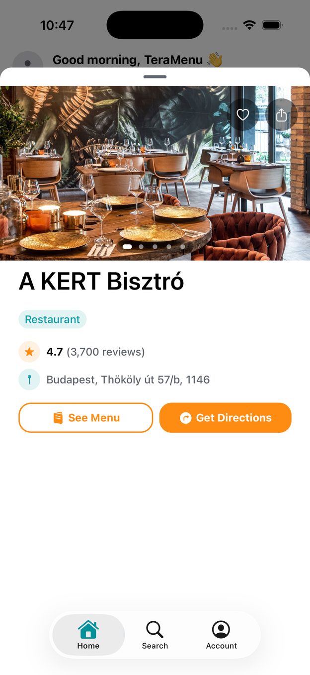 Restaurant page with photos, rating and Get Directions button